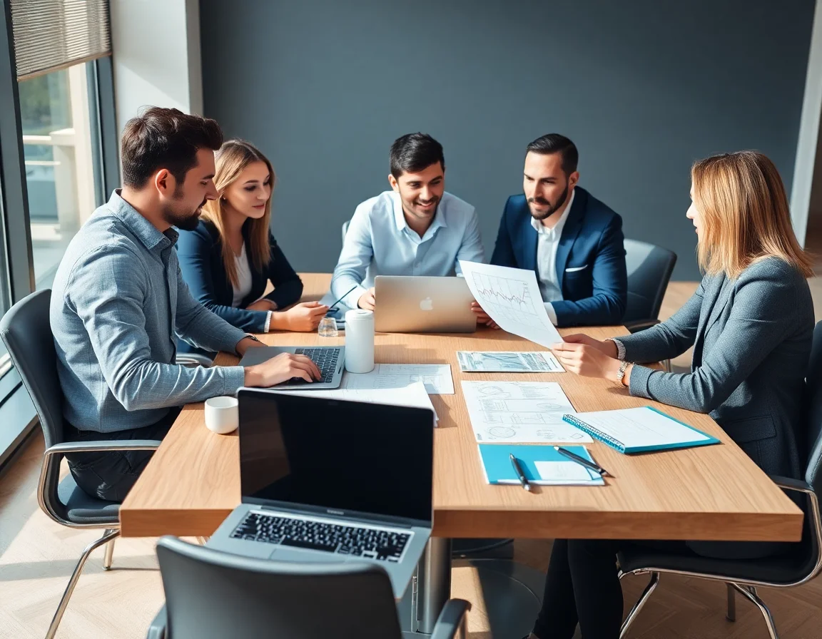 A business team having a strategic meeting around a table with laptops and documents, discussing growth plans.