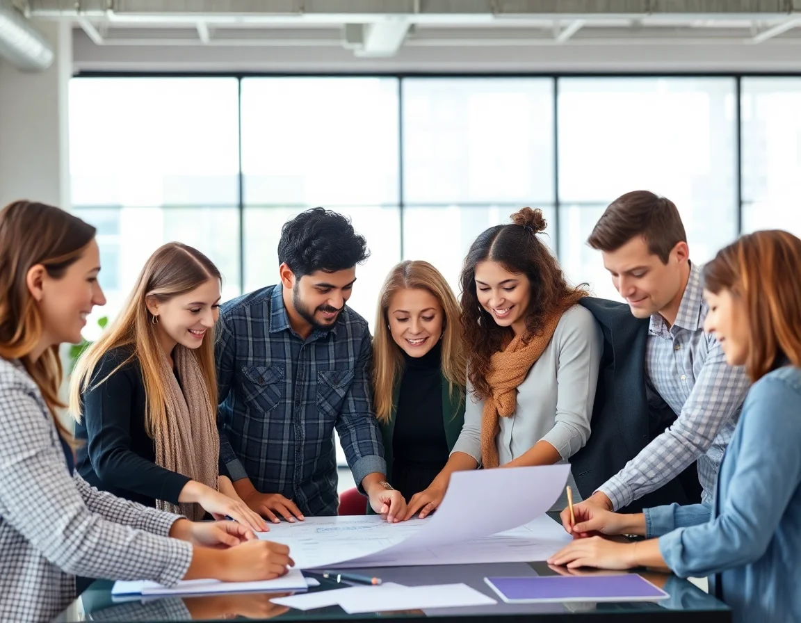 A diverse team collaborating on a project in a modern office, representing global investment and innovation.