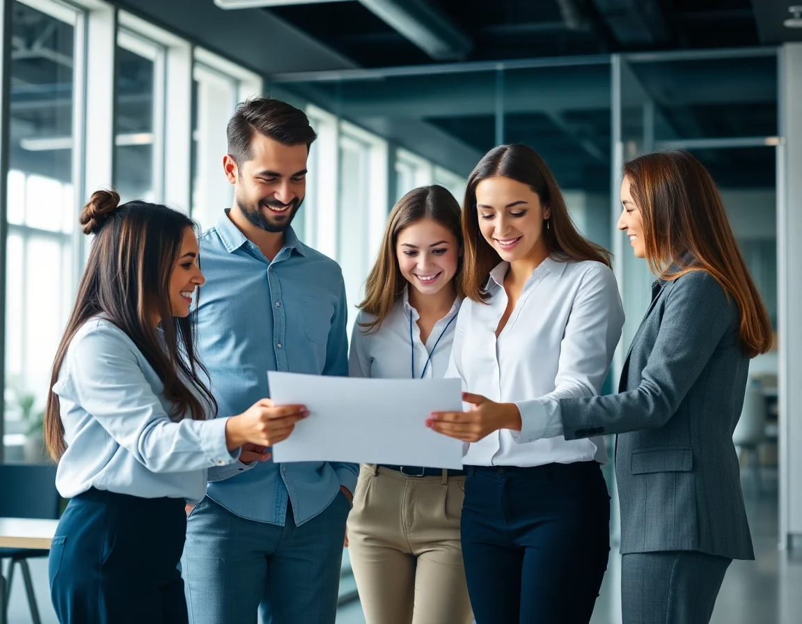 A team collaborating on a project in a modern office, symbolizing data security and trust.