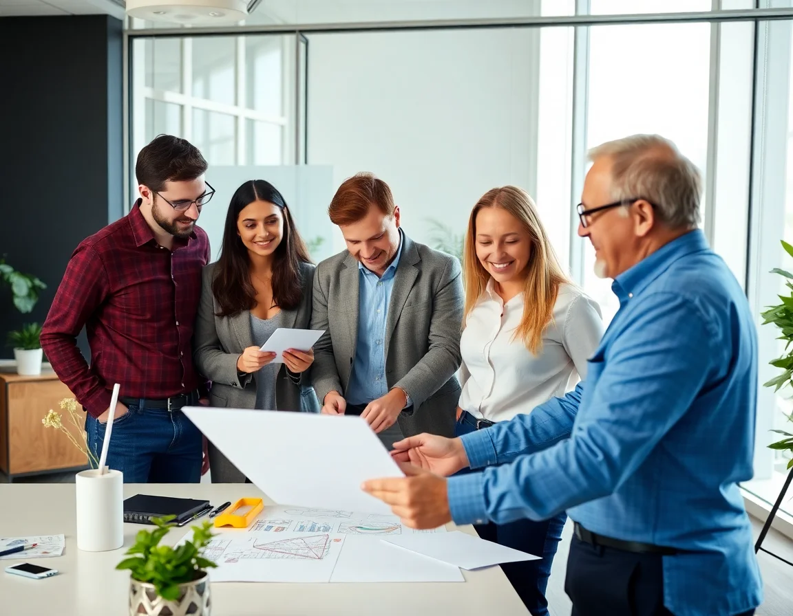 Diverse team in a modern office collaborating on a project, showing expertise