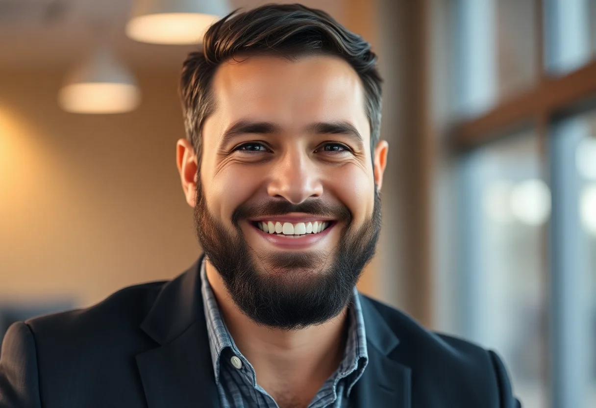 Professional headshot of a man with a beard smiling confidently